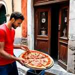 Jett delivering pizza in Italy, showcasing Italian culture.