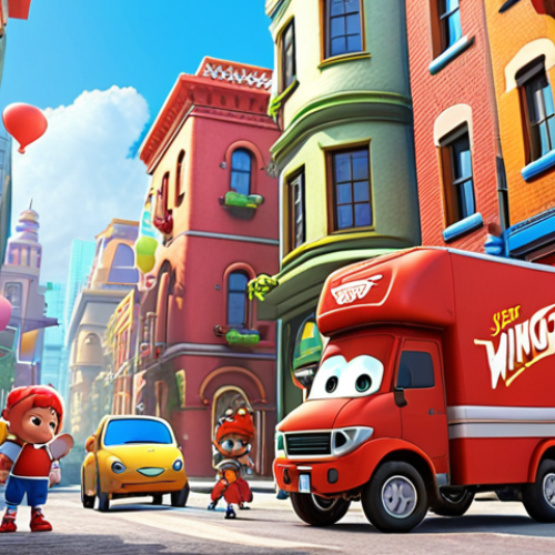 Home 6 **A scene from Super Wings:** Jett delivering a package in a vibrant, bustling city, with diverse architecture and happy children eagerly awaiting their delivery.