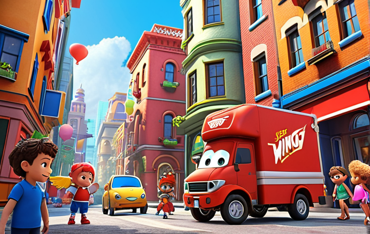 **A scene from Super Wings:** Jett delivering a package in a vibrant, bustling city, with diverse architecture and happy children eagerly awaiting their delivery.