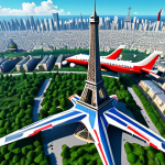 A group of animated airplane characters in the style of 'Superwings', including a prominent red jet and a blue transforming aircraft, soaring over a vibrant, diverse landscape featuring recognizable global landmarks like the Eiffel Tower and traditional Asian architecture. The scene is bright, colorful, and expansive, under a clear sky, with a sense of adventure and discovery. High-quality 3D animation, crisp details, vivid colors, smooth character motion, appealing to children, perfect anatomy, correct proportions, natural pose, well-formed features, high resolution, professional animation, fully clothed, modest clothing, appropriate attire, professional dress, safe for work, appropriate content, family-friendly.