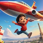 슈퍼윙스 주인공 제트의 특징 - A vibrant, animated scene featuring Jett, the red high-speed jet airplane, flying dynamically across...